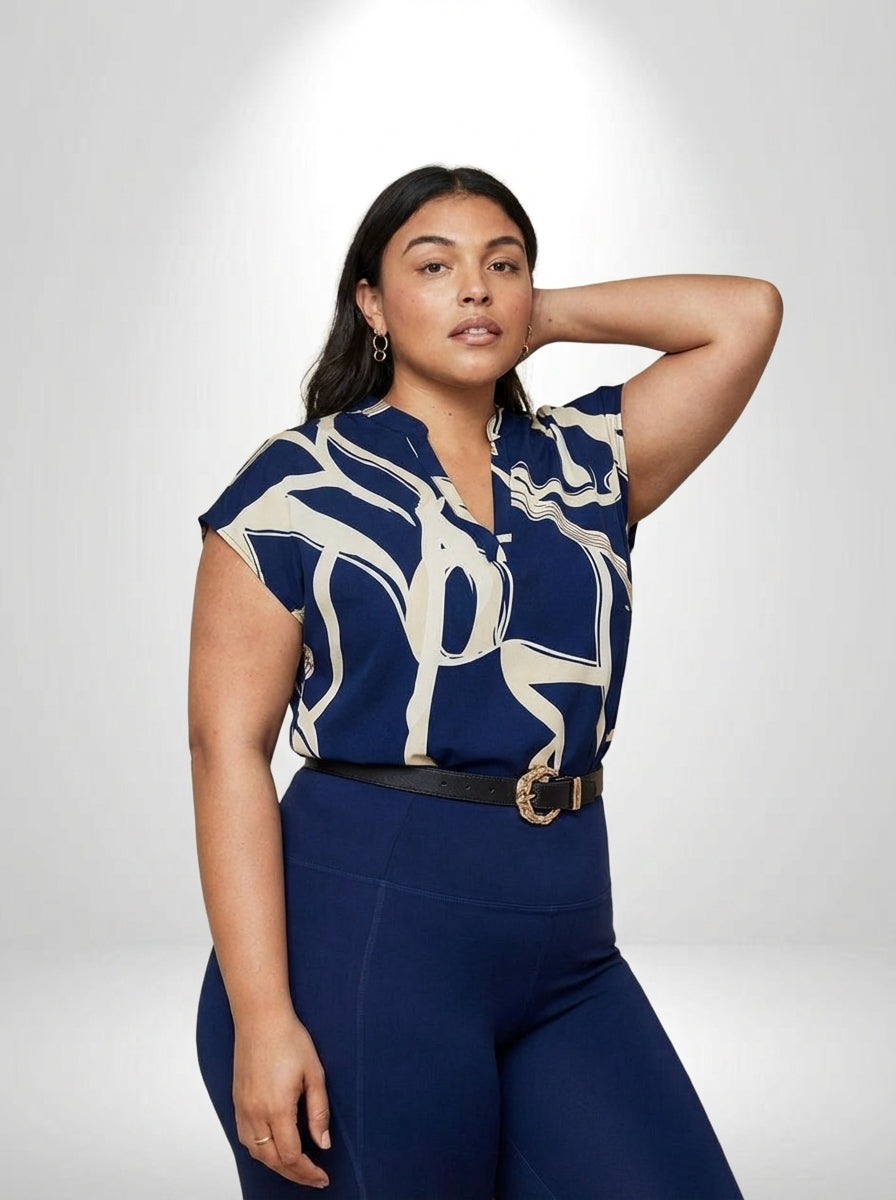 Blusa plus size Luna com decote V entalhado, estampa geométrica e modelagem confortável