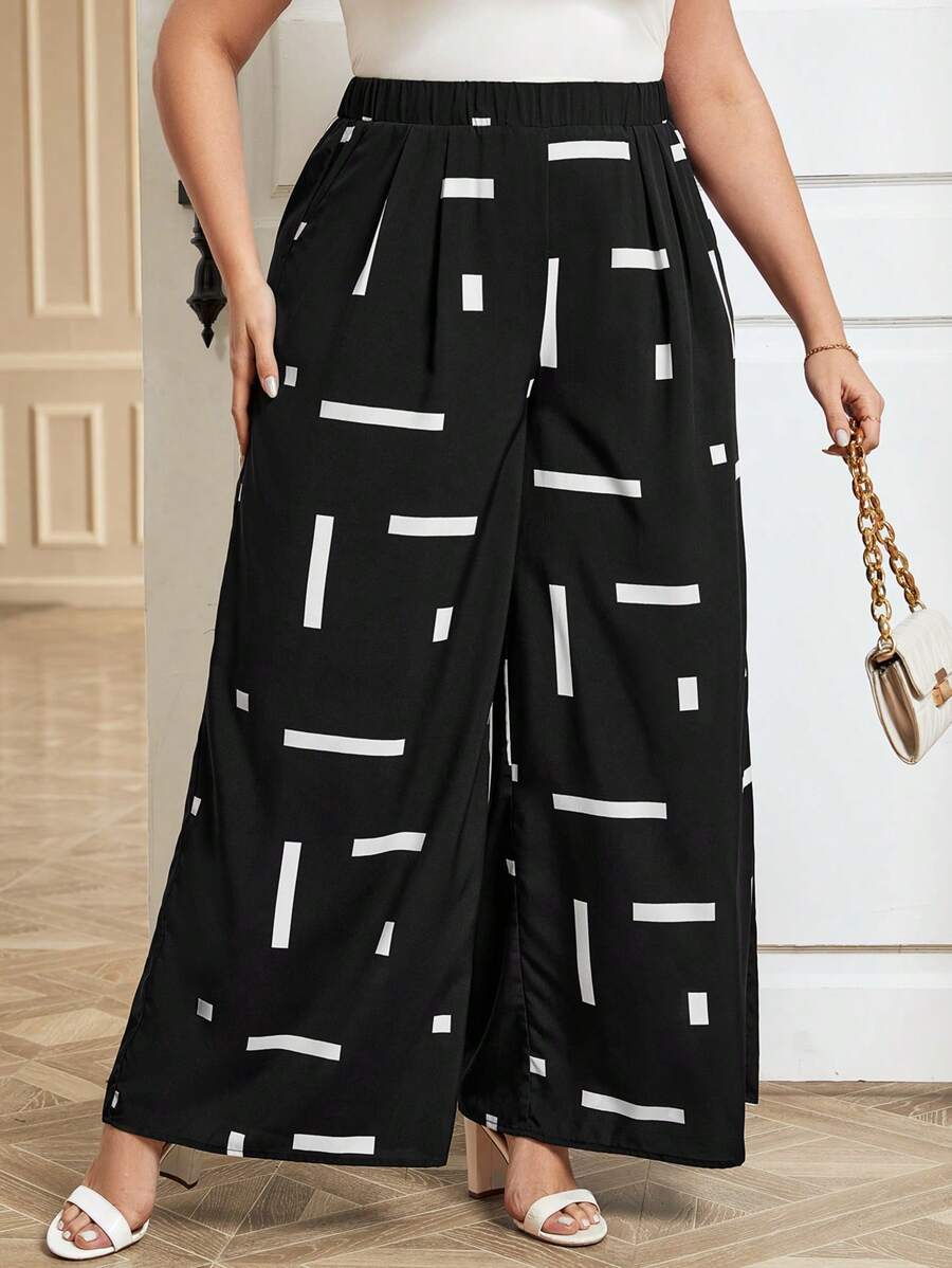 Calça Wide Leg Plus Size Geométrica – Look Casual e Sofisticado, é a escolha ideal para quem busca conforto, estilo e caimento impecável. Com cintura alta que valoriza a silhueta, caimento solto e comprimento extra, oferece elegância em qualquer ocasião.