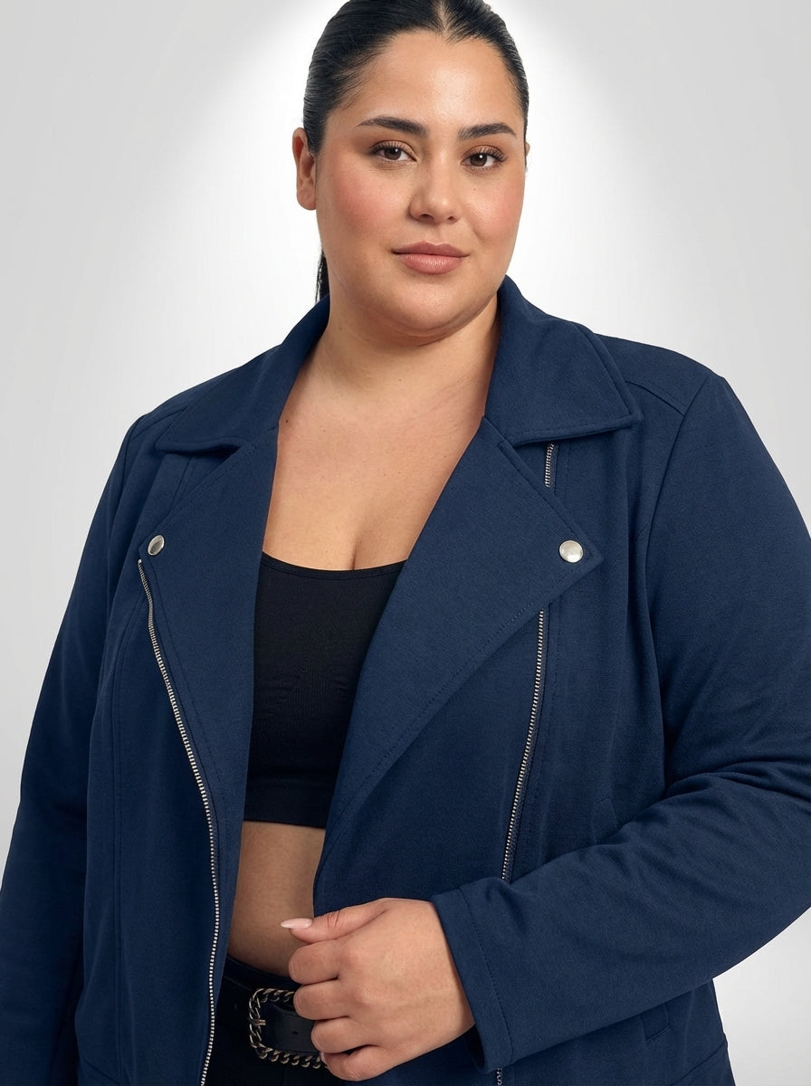 Jaqueta de motociclista plus size azul marinho com elasticidade média, visual urbano e modelagem confortável