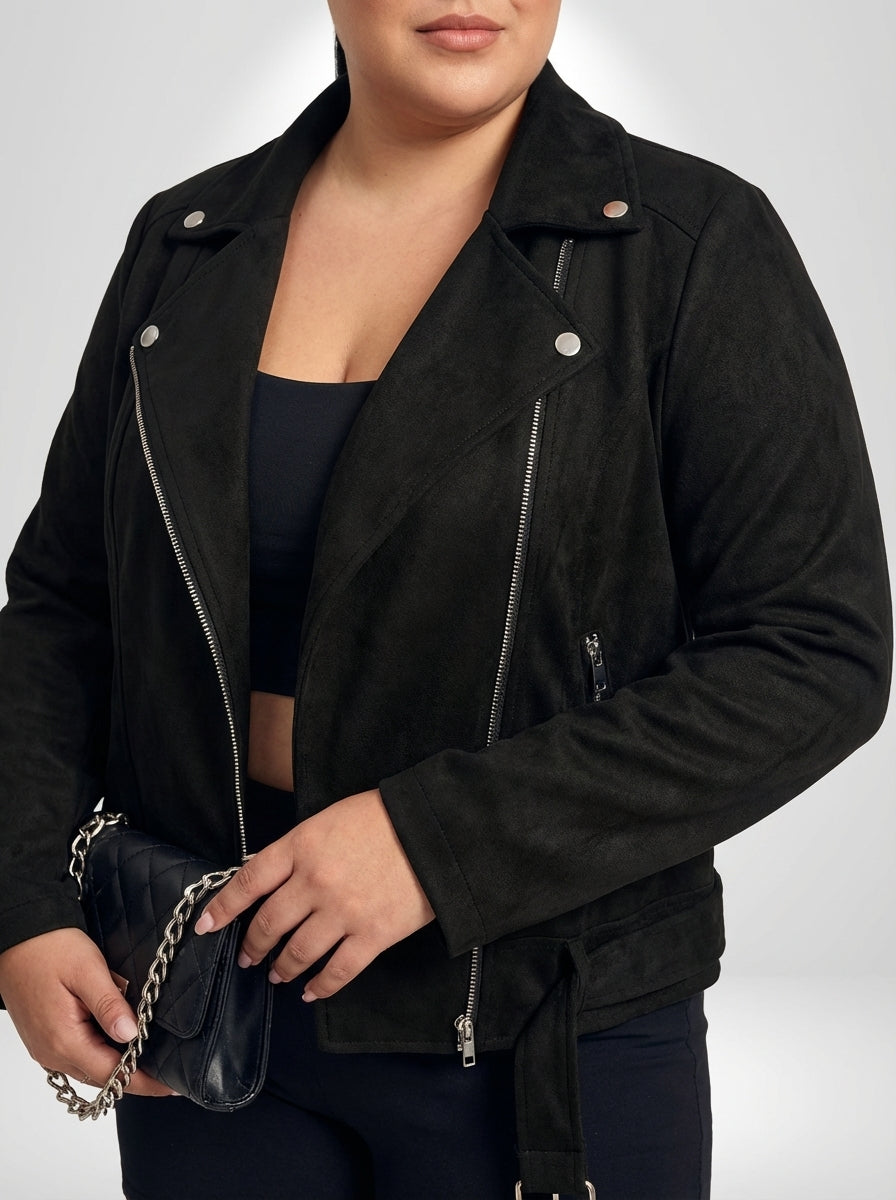 Jaqueta de motociclista plus size preta com lapela de blazer, elasticidade média e modelagem confortável