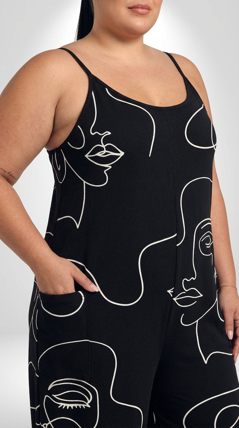 Macacão plus size de perna larga com cintura natural, caimento leve e estilo casual elegante