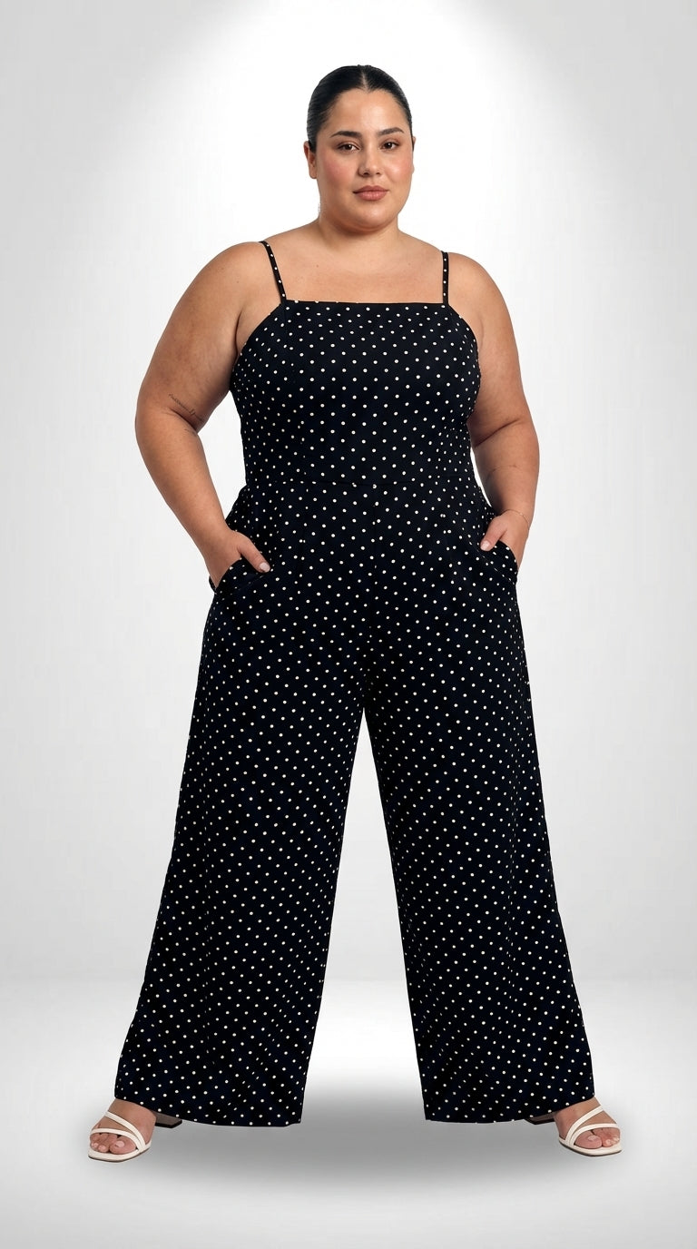 Macacão plus size com costas abertas, comprimento longo, cintura alta e visual elegante em bolinhas