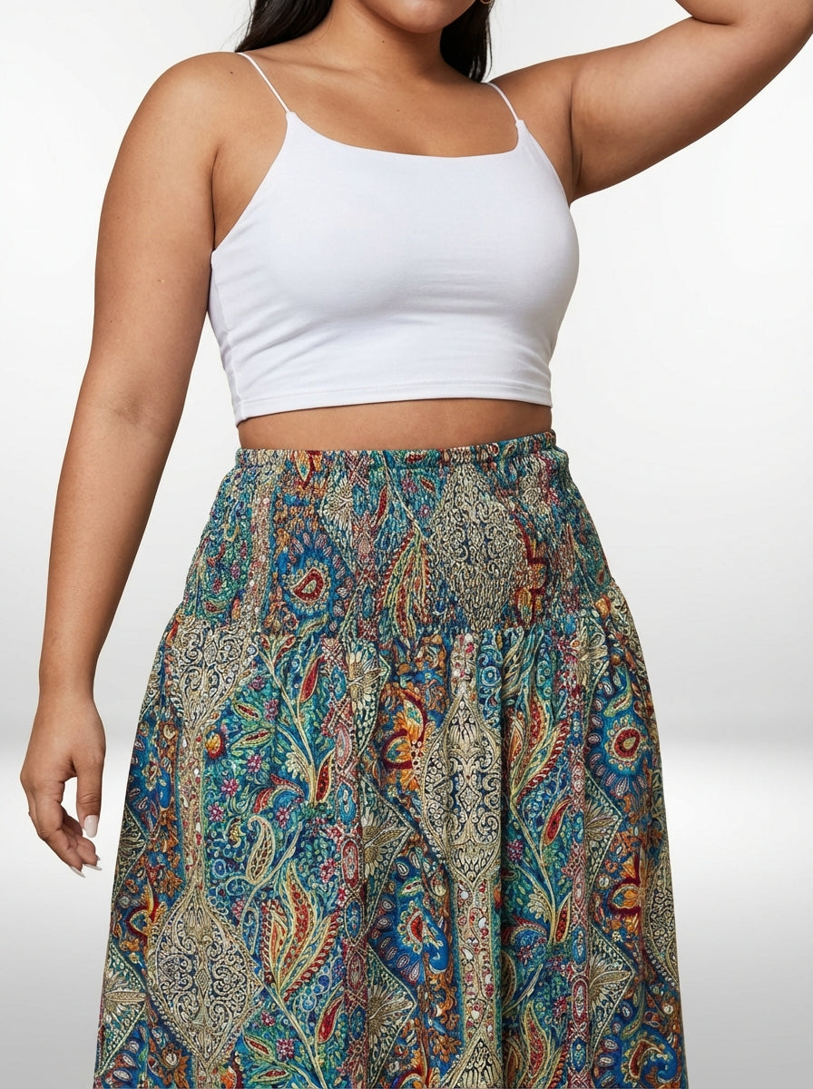 Saia plus size Cachemira com modelagem flared, comprimento longo e tecido não elástico