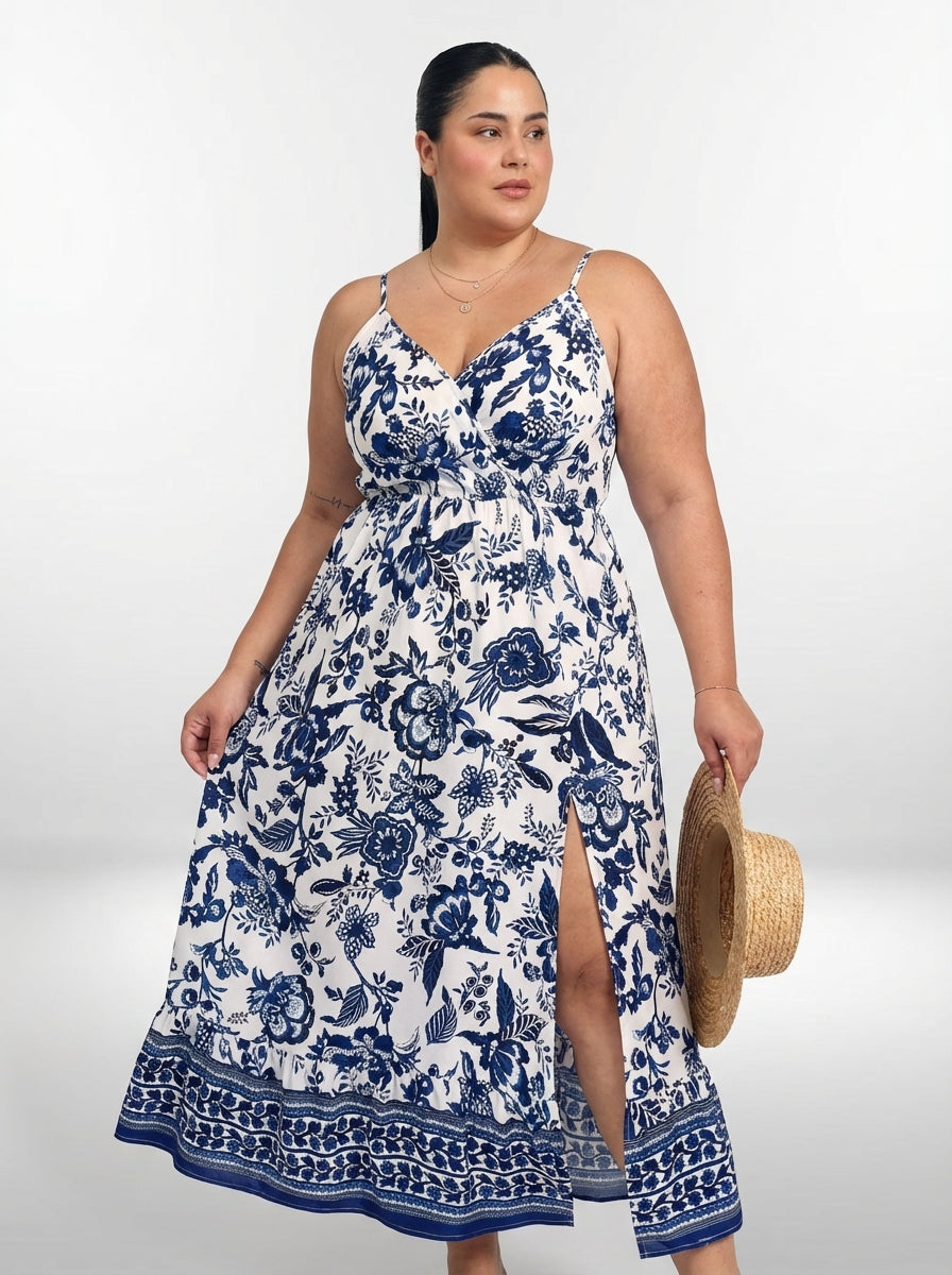 Vestido plus size Camilla com alças finas, costas nuas e modelagem fluida