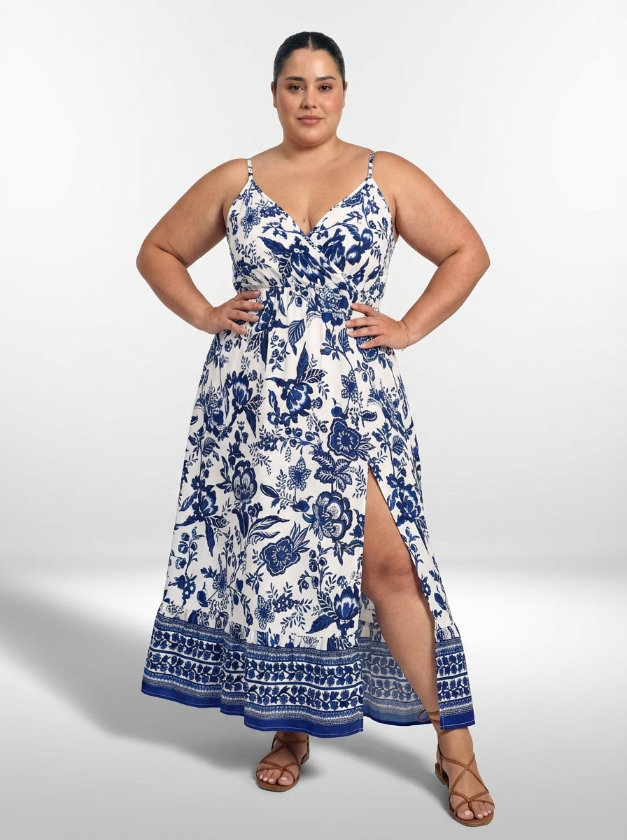 Vestido plus size longo com costas nuas, alças finas e tecido confortável sem elasticidade