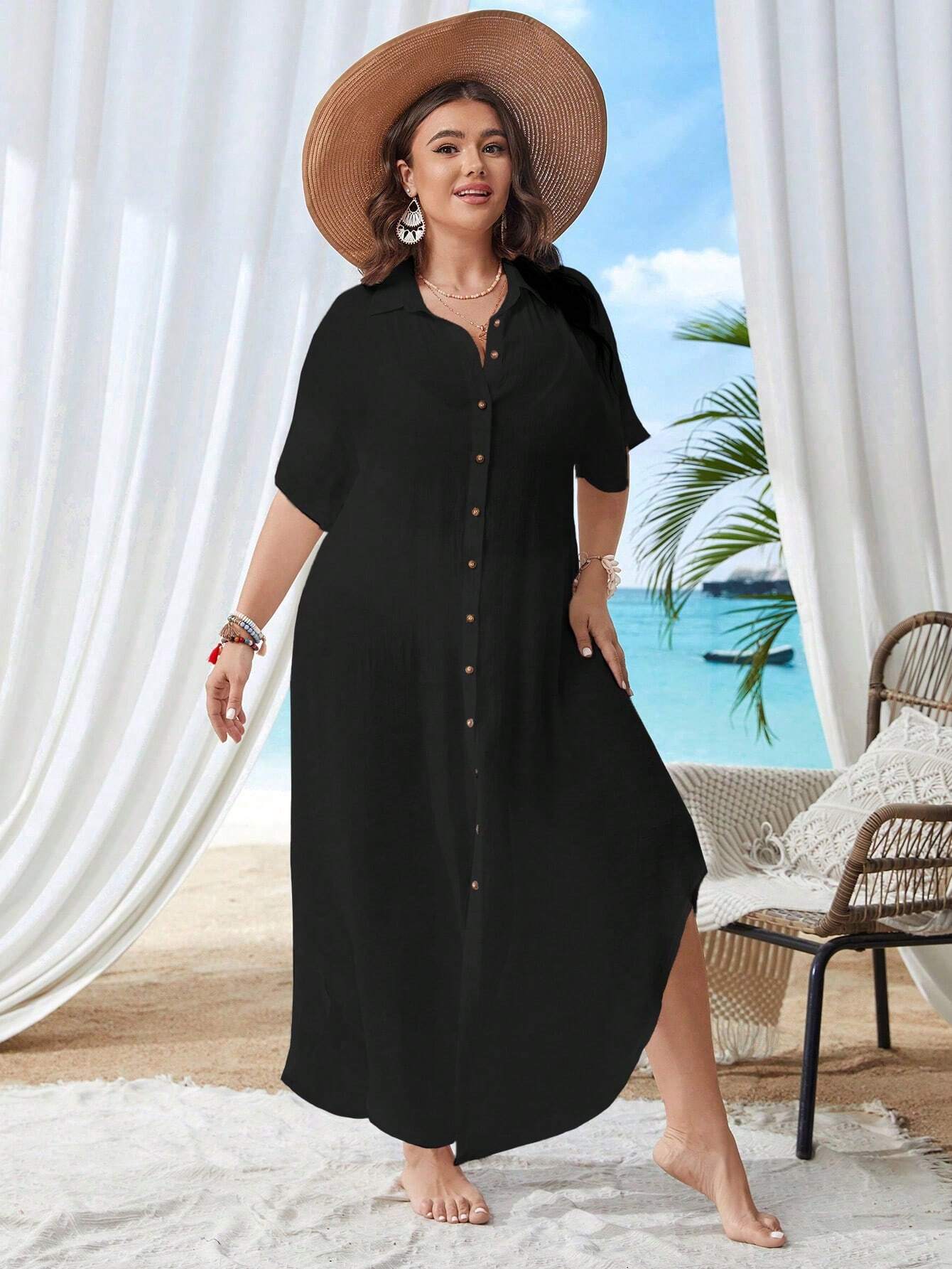 Vestido Saída de Praia Plus Size longo, com manga morcego e botões. Leve, sofisticada e confortável. Ideal para dias quentes. Compre na Bellavita!