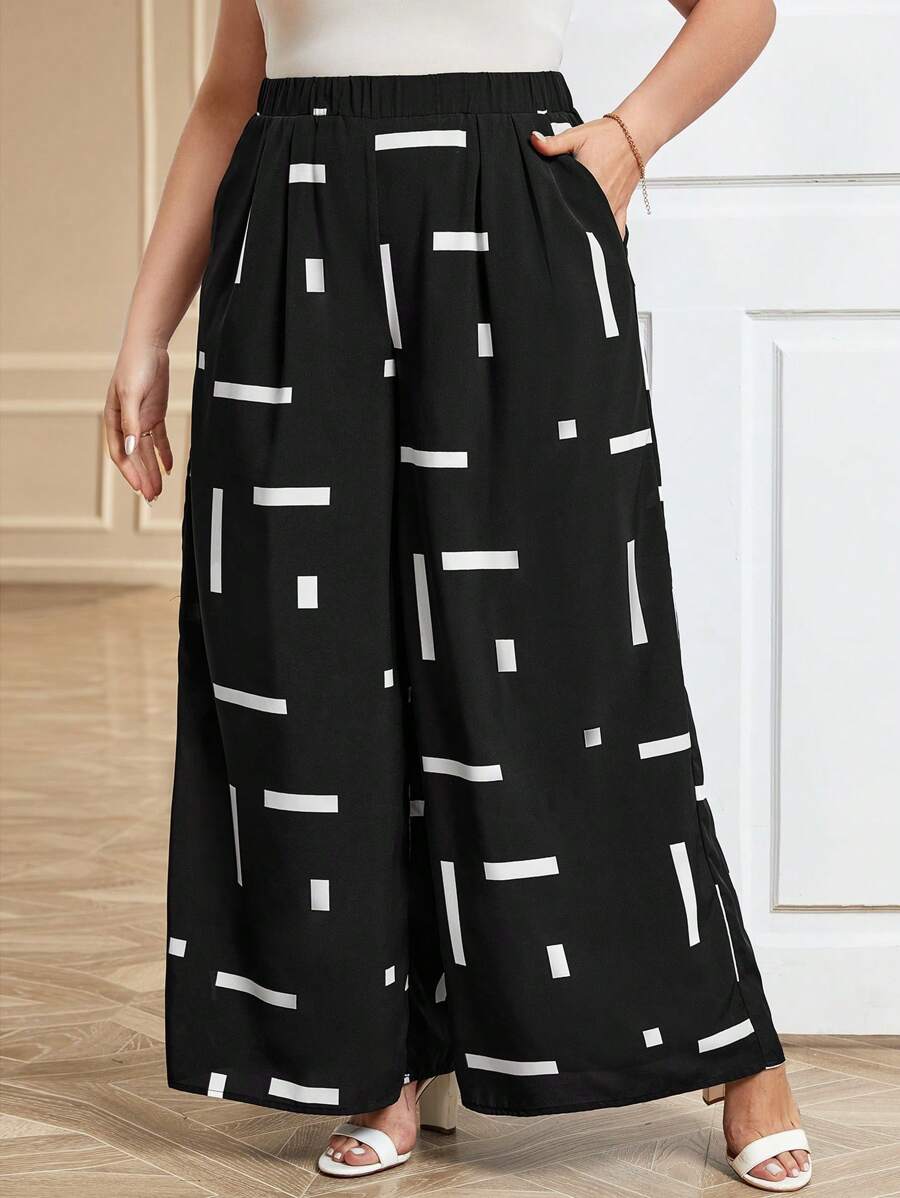 Calça Wide Leg Plus Size com Estampa Geométrica e Cintura Alta, é a escolha ideal para quem busca conforto, estilo e caimento impecável. Com cintura alta que valoriza a silhueta, caimento solto e comprimento extra, oferece elegância em qualquer ocasião.