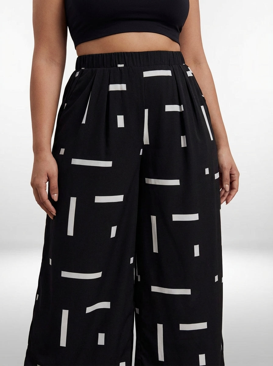 Calça plus size versátil em linho com modelagem ampla, bolso funcional e cintura alta