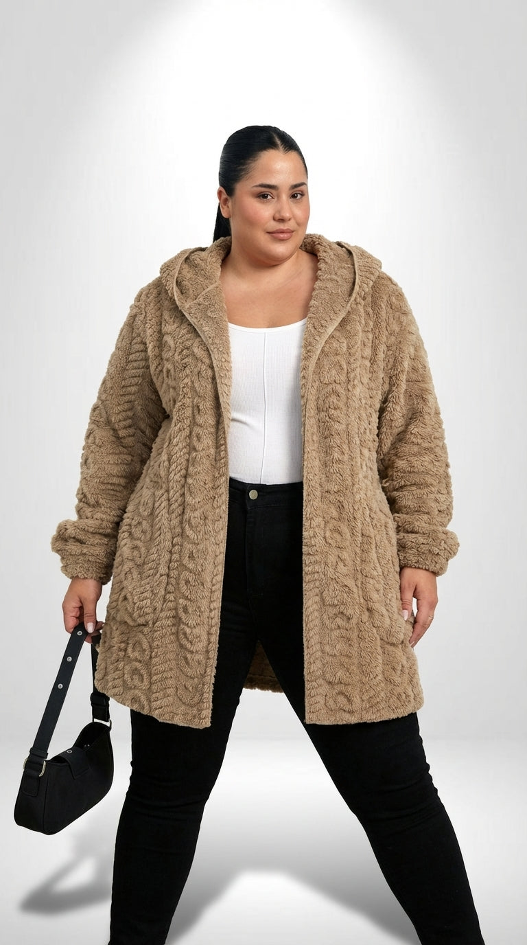 Casaco plus size de flanela com comprimento até a coxa, capuz e ajuste solto