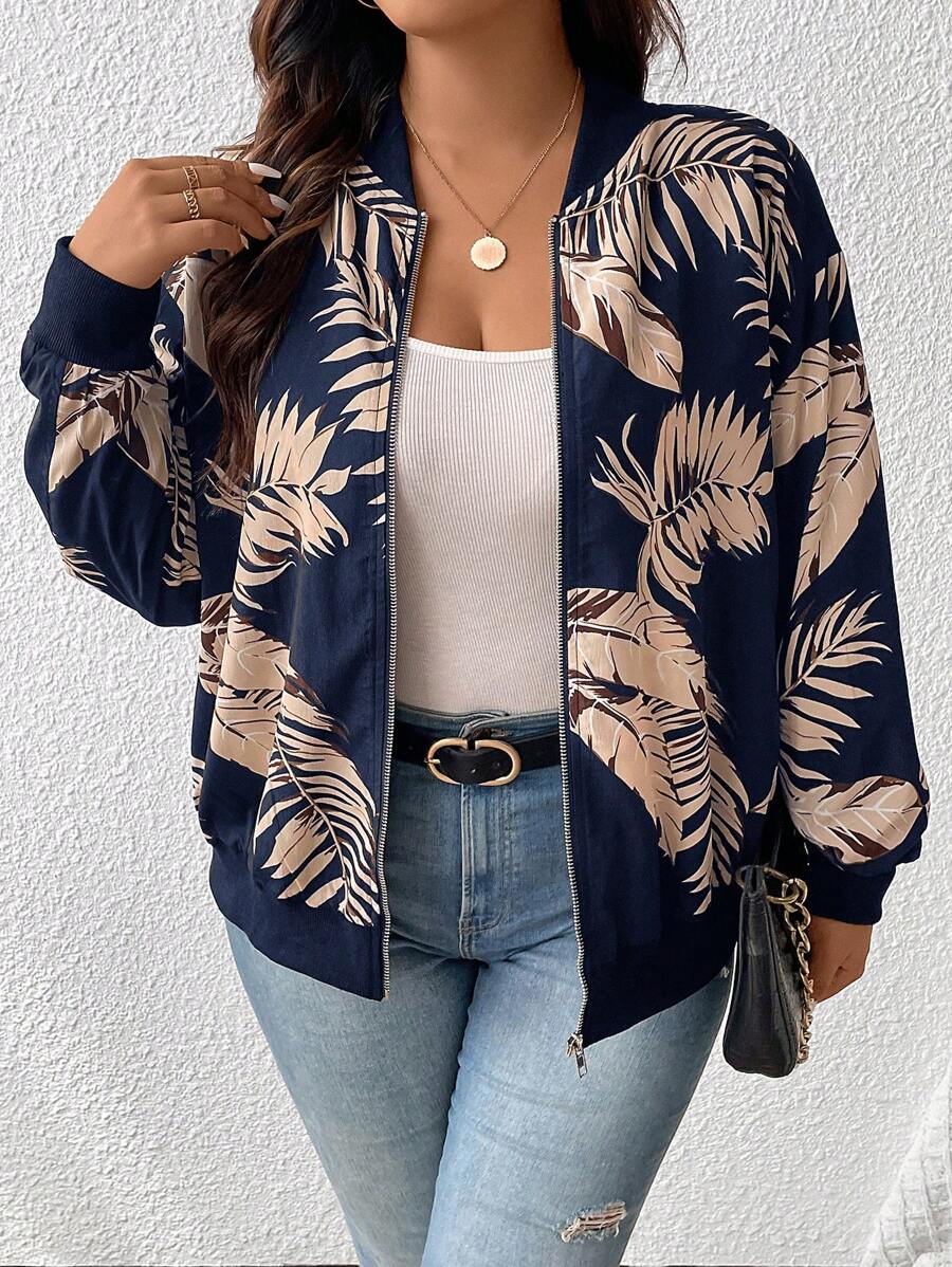 Jaqueta Bomber Feminina Plus Size Azul com zíper, forro e caimento regular. Conforto aliado ao estilo para qualquer ocasião.