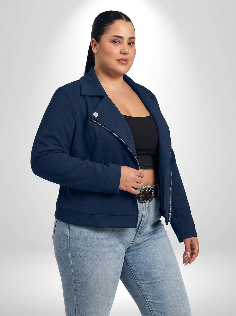 Jaqueta de motociclista plus size elegante azul marinho com zíper central, mangas compridas e ajuste regular