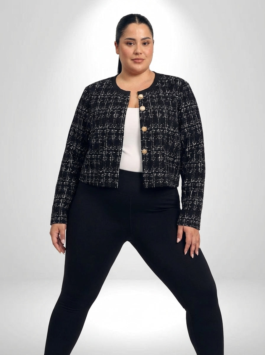Jaqueta plus size elegante em malha com estampa xadrez, ajuste regular e bolso funcional