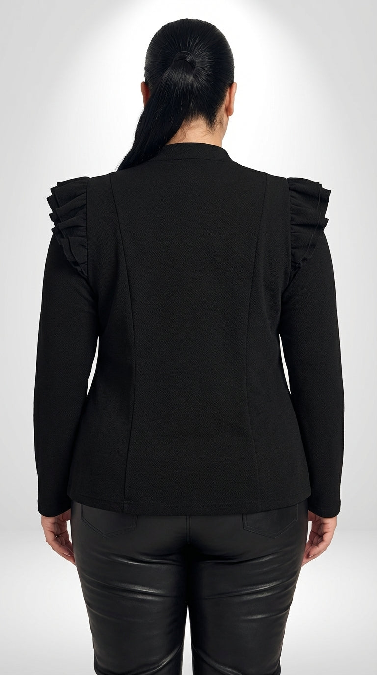 Jaqueta plus size preta com mangas compridas, gola de colarinho baixo e caimento regular
