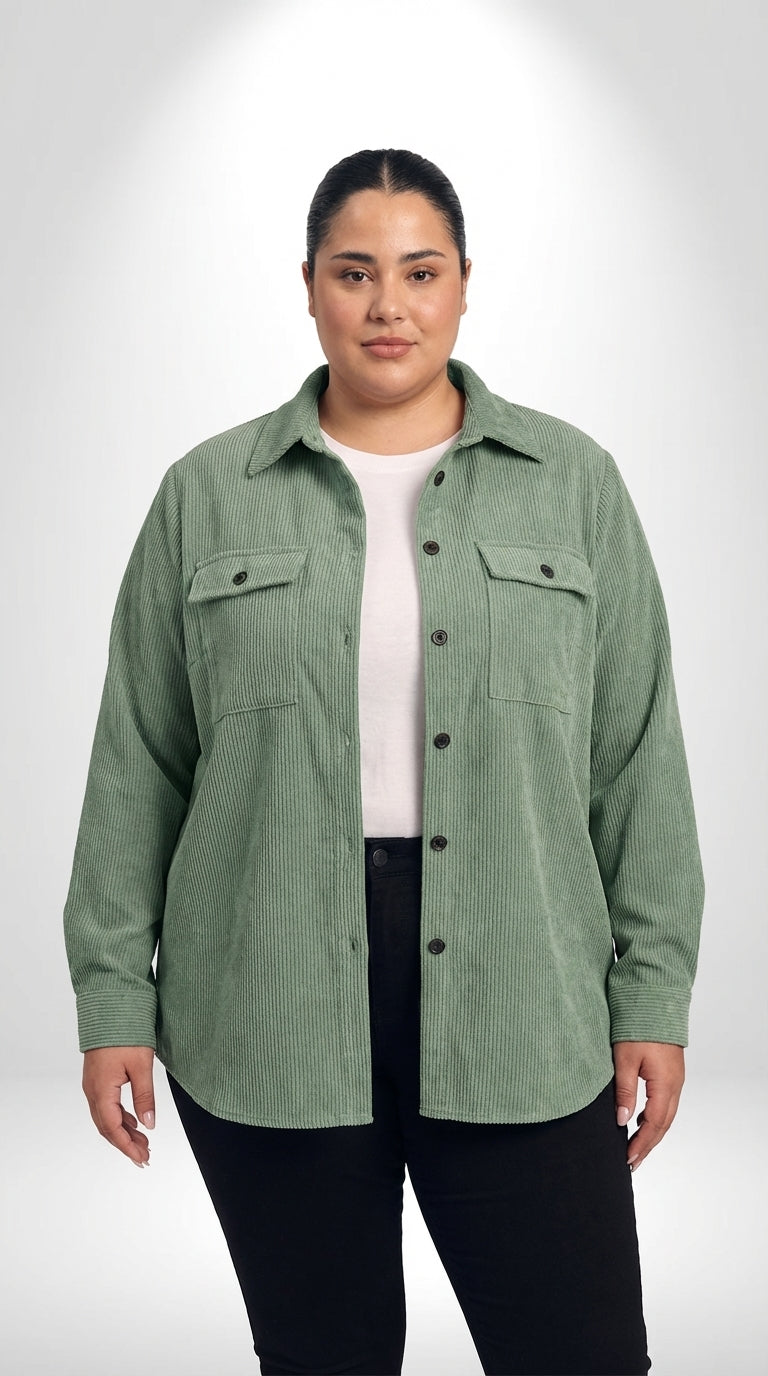 Jaqueta plus size shacket com bolsos funcionais, gola de lapela e mangas compridas
