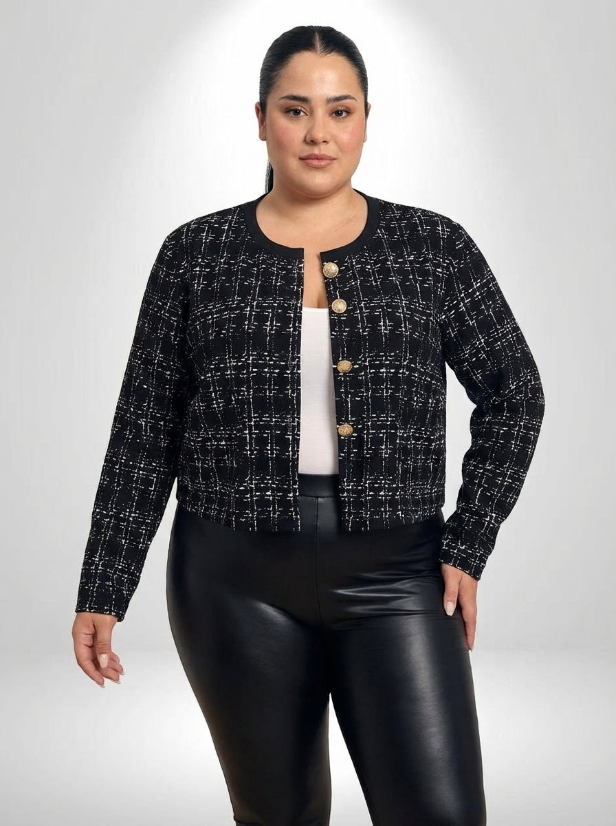 Jaqueta plus size xadrez elegante com mangas compridas, gola redonda e botões frontais