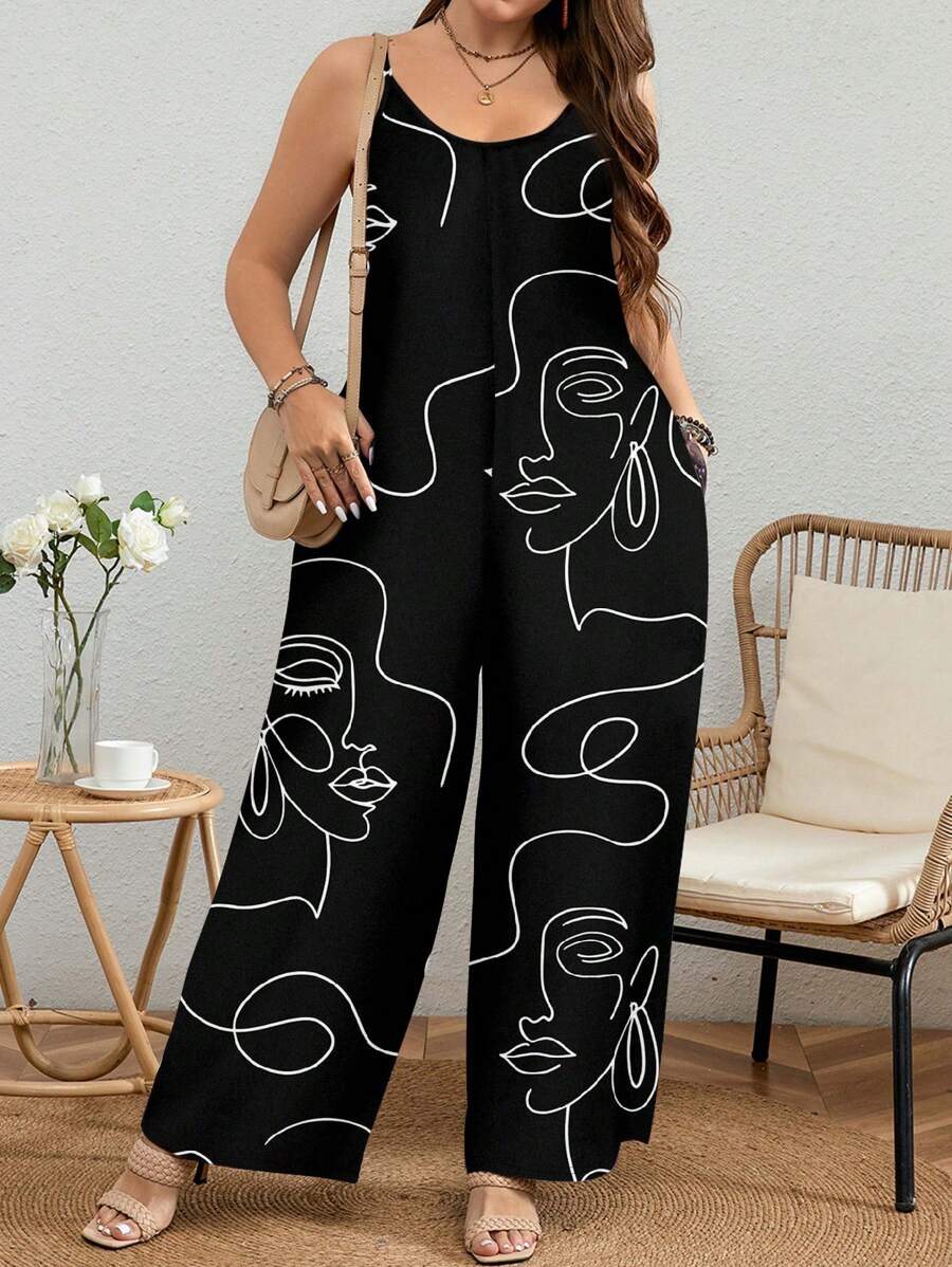 Realce suas curvas com conforto! Macacão plus size preto de perna larga, alças finas e caimento solto. Elegância para qualquer ocasião.