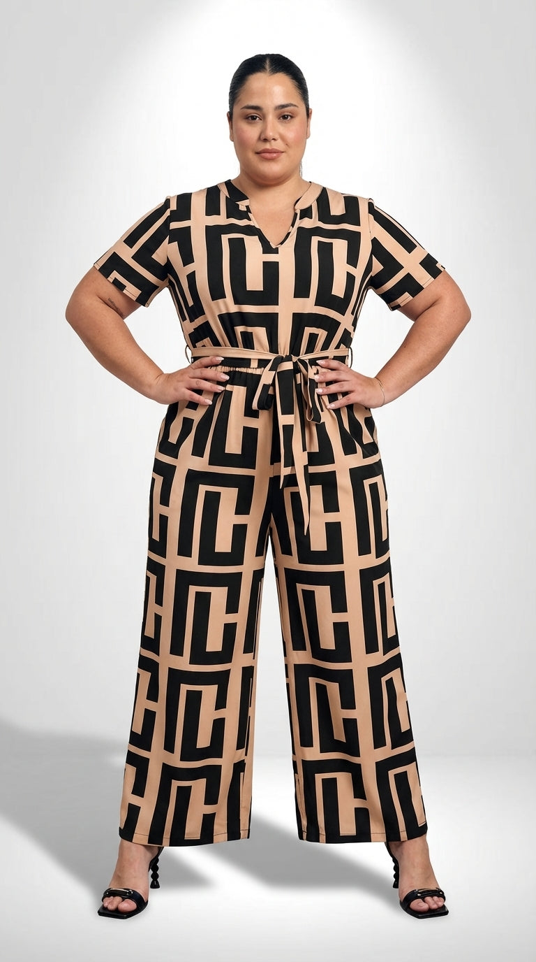 Macacão plus size geométrico com mangas curtas, bolsos funcionais e comprimento longo