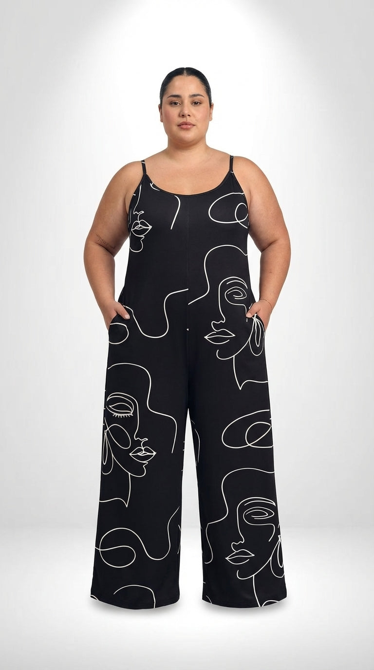 Macacão plus size preto longo com bolso funcional, modelagem ampla e malha de elasticidade média
