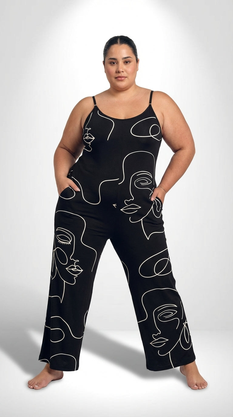 Macacão plus size preto com alças finas, tecido confortável e modelagem soltinha
