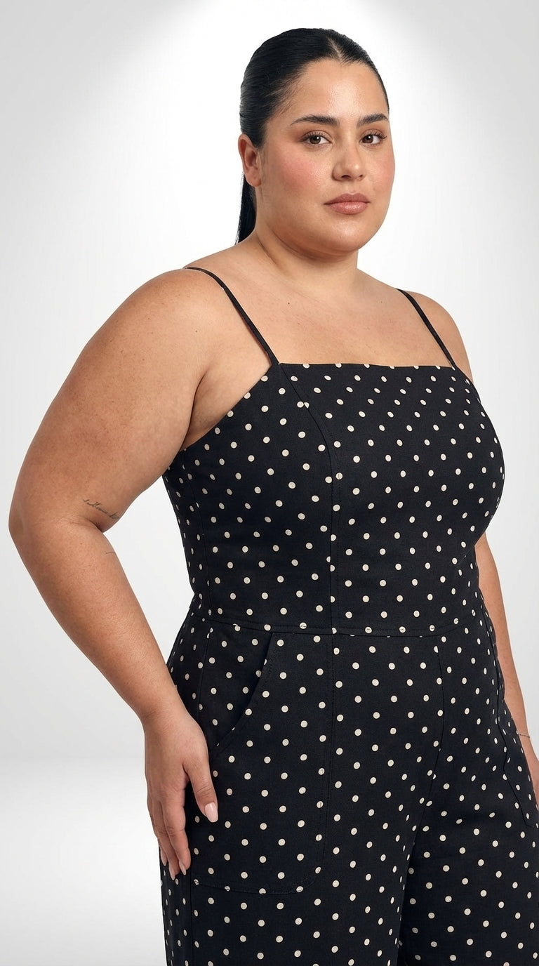 Macacão plus size sem mangas com costas nuas, alças finas e tecido em malha de baixa elasticidade