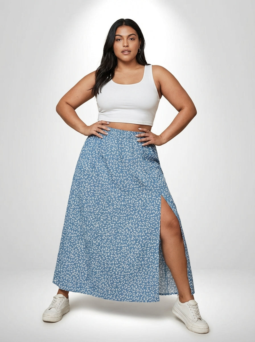 Saia Outono plus size azul com estampa floral, modelagem maxi e fenda lateral