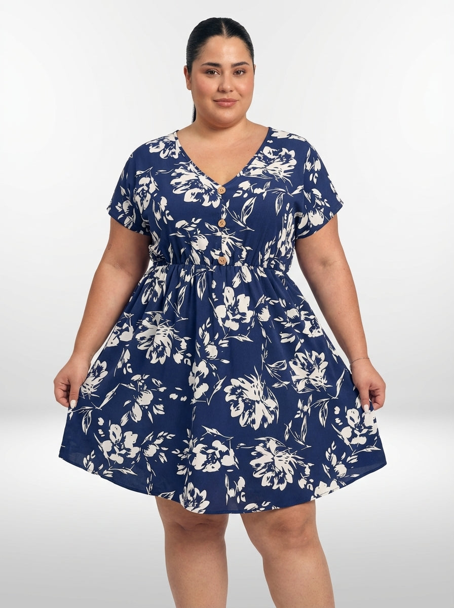 Vestido plus size com cintura alta, estampa de plantas e flores, tecido de alta qualidade e bainha alargada