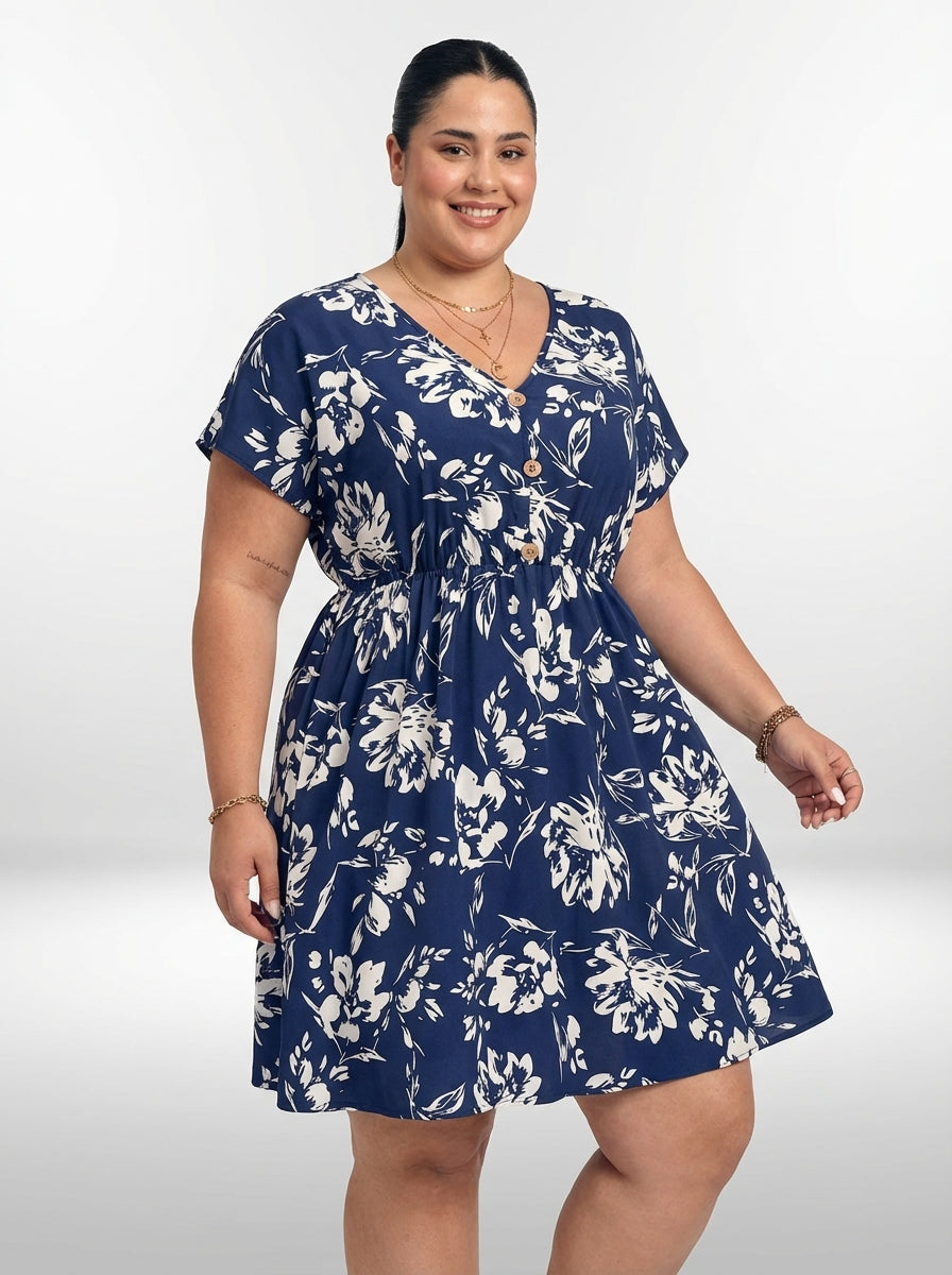 Vestido Flor plus size azul marinho com mangas morcego, modelagem em A e tecido não elástico