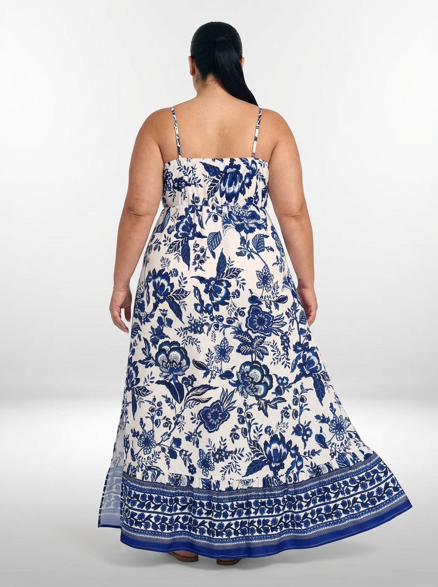 Vestido plus size longo com caimento solto, bainha com babado e tecido leve