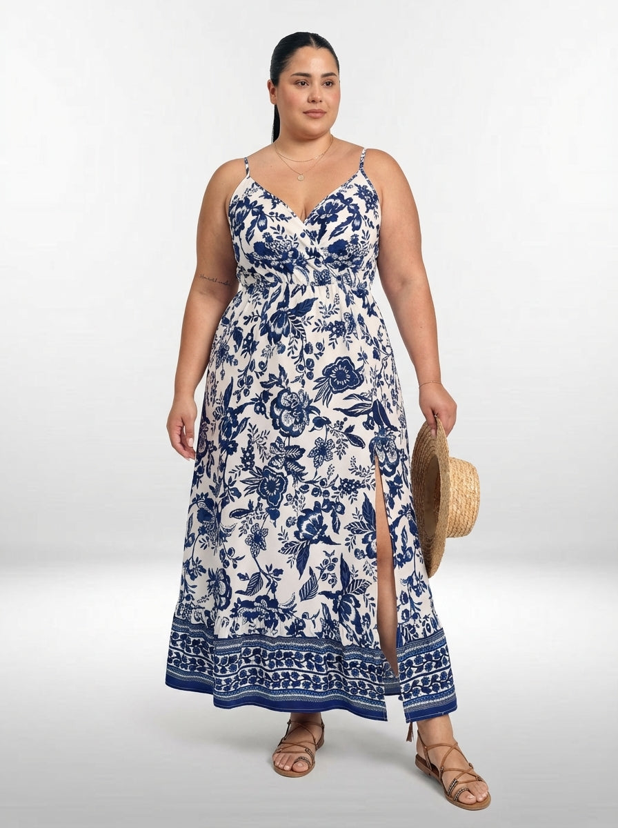 Vestido plus size boho chic com estampa floral, caimento solto e bainha esvoaçante