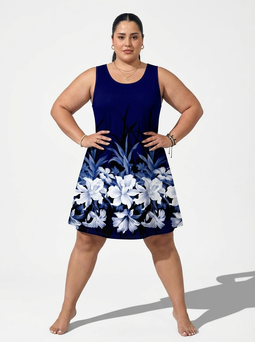 Vestido plus size Emery com decote U, tecido em malha e modelagem confortável até o joelho
