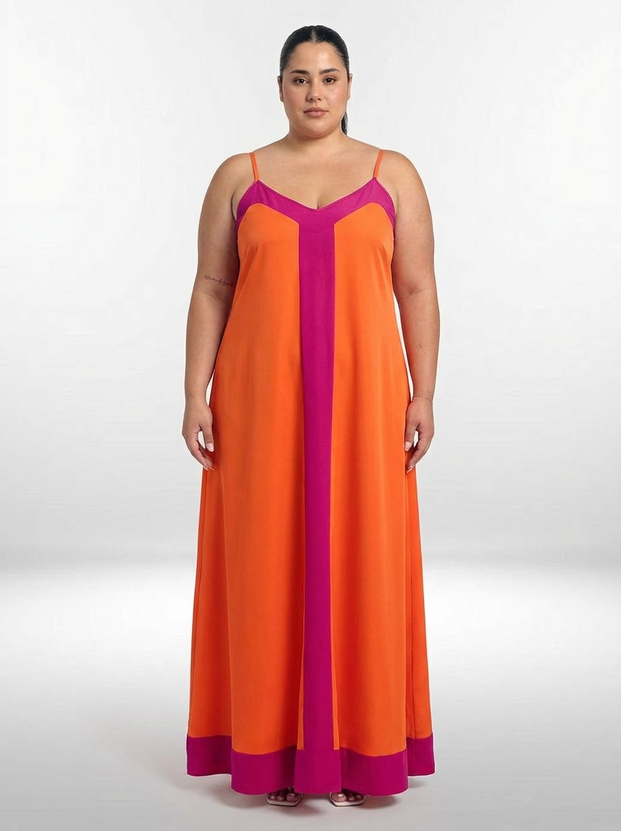 Vestido plus size Freda longo com alças finas, estilo versátil e visual elegante