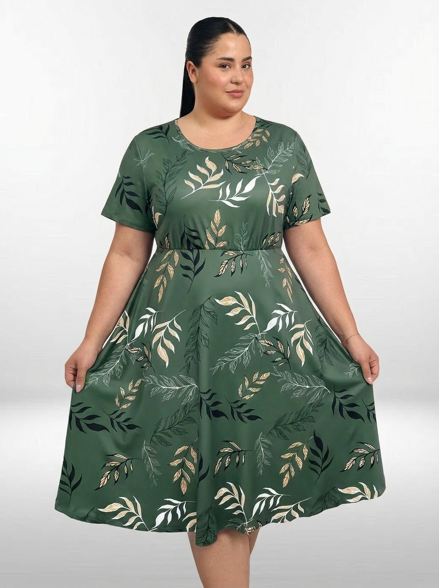 Vestido plus size midi com decote U pequeno, mangas curtas e modelagem em A
