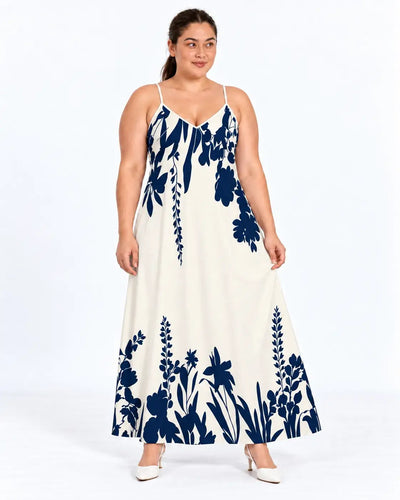 Vestido Longo Plus Size com Estampa Botânica em Contraste